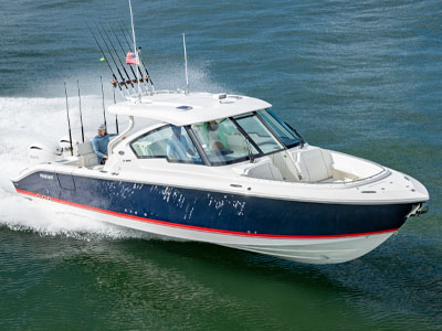 Pursuit Boats D 326 Denali dual consloe rigged for fishing.