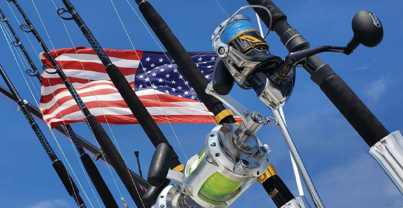 Fishing rods and an American Flag on a Pursuit from magazine EXPLORE.