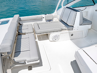 A view of cockpit seating on the 25’ D 246 Pursuit Luxury Dual Console Boat.