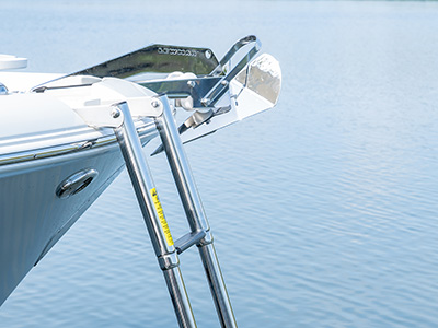A bow beach boarding ladder extends from the anchor locker of a D 246 Pursuit Luxury Dual Console boat.