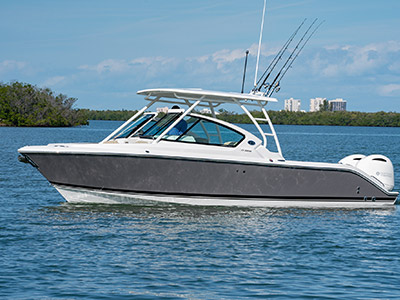 Port view of titanium Pursuit D 266 luxury dual console boat.