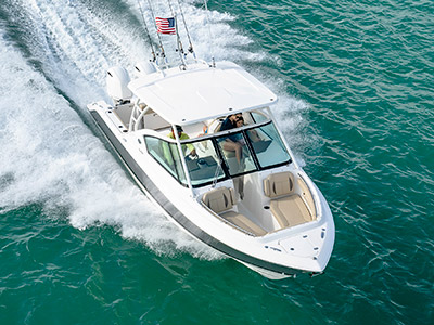 Aerial front view of titanium Pursuit D 266 luxury dual console boat.