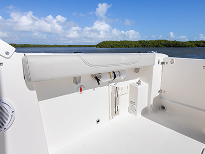 Transom door on a D 266 Pursuit Luxury Dual Console boat.