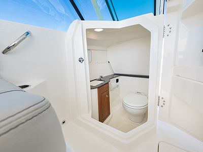 Bridge with head door open of Pursuit D 266 luxury dual console boat.