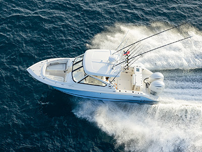 Aerial view of a Pursuit D 286 Denali Dual Console.