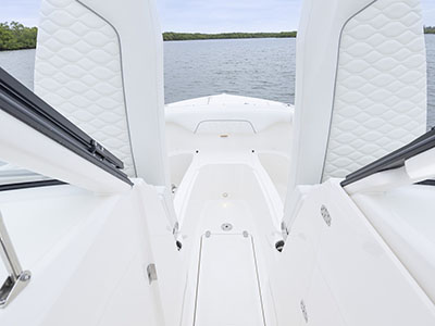 Storage under the bow seating, shot from the helm.