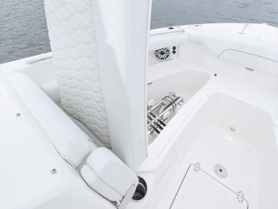 Bow seating area with storage on Pursuit D 286 Dual Console.