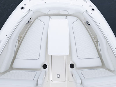 Overhead shot of a Pursuit bow seating area with a table installed.