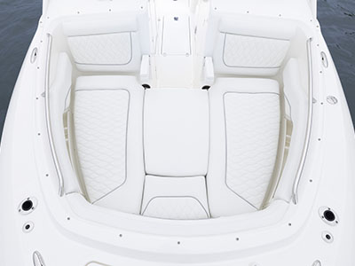 Overhead shot of the bow seating of a Pursuit D 286 Dual Console boat.
