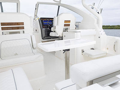 View forward from the stern of a 28 ft. Dual Console Pursuit Boat.