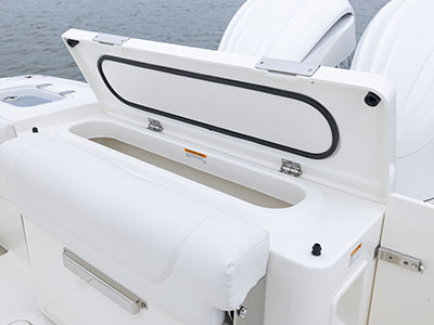 Transom cooler box open on a 28 ft. Pursuit Boat - D 286.