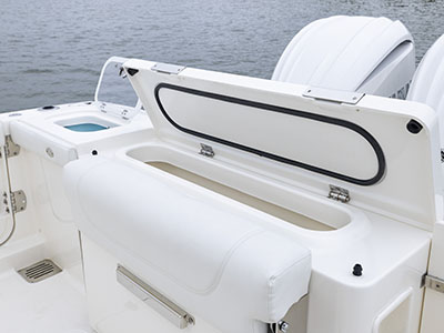 Transom cooler box open on a 28 ft. Pursuit Boat - D 286.