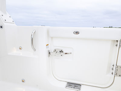 Dive door closed on a 28 ft. Pursuit Dual Console boat.