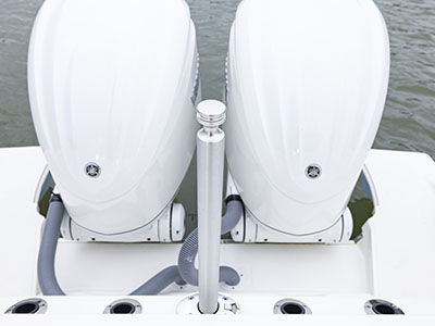 A view of twin Yamaha engines on a Pursuit D 286 Dual Console boat.