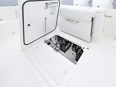 Neat and tidy mechanical systems are nestled belowdeck on the Pursuit S 286 Dual Console boat. 