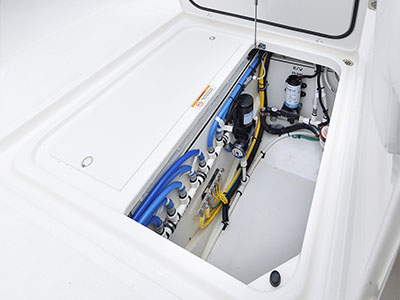 Neat and tidy mechanical systems are nestled belowdeck on the Pursuit S 286 Dual Console boat.