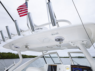 Optional rocket launcher rod holders on the hardtop of the Pursuit D 286 Dual Console boat.