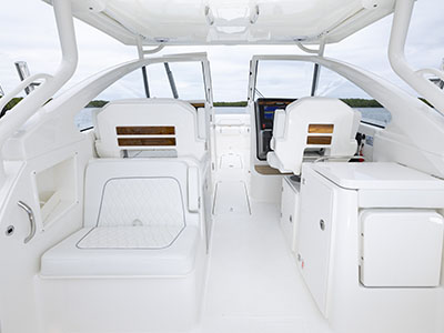 A view forward to the bridge area of a 28ft. Pursuit Boat Dual Console.