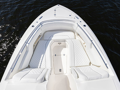 Overview of bow seating Bow seating on a Pursuit D 306 Luxury Dual Console boat.