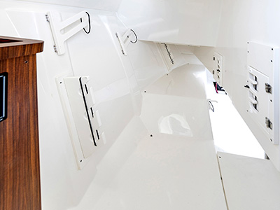 Storage area on a Pursuit D 306 Luxury Dual Console boat.