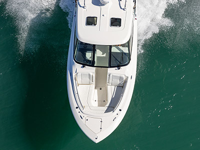 An aerial photo of the bow of a Pursuit Boat D 306 Luxury Dual Console.