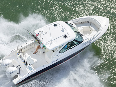 Aerial view of 36 foot Pursuit Luxury Dual Console Boat