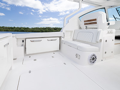 Open cockpit on 32 ft. Pursuit Luxury Dual Console Boat