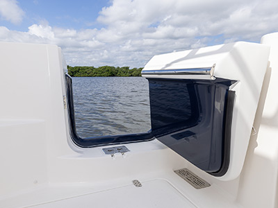 Hull side door open on Pursuit 32 foot Luxury Dual Console