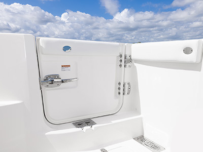 Hull side door closed on 32 foot Pursuit Luxury Dual Console Boat