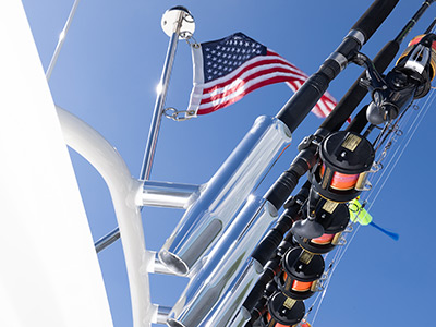 Rocket launcher rod holders on a Pursuit Boat