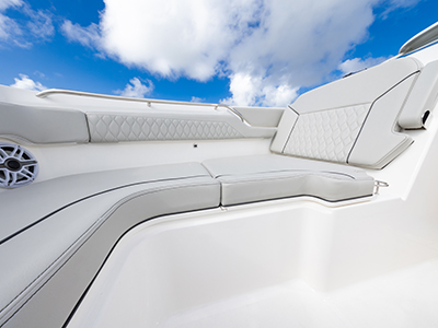 Pursuit D 365 luxury dual console boat bridge lounge seat.