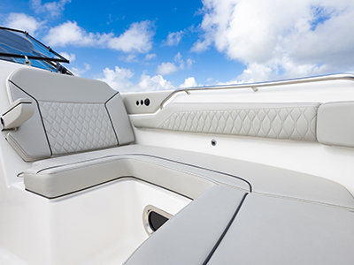 Pursuit D 365 luxury dual console boat forward seating.