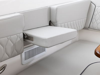 Pursuit D 365 luxury dual console boat bridge lounge seating.