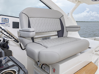 Pursuit D 365 luxury dual console boat swivel helm seat.