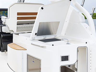 Pursuit D 365 luxury dual console boat entertainment center.