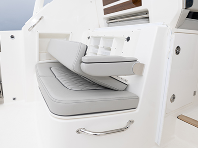 Pursuit D 365 luxury dual console boat cockpit tackle center.  One of our cabin cruiser fishing boats.