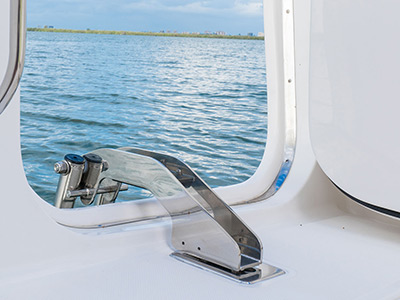 Pursuit D 365 luxury dual console boat hull side door ladder.  One of our cabin cruiser fishing boats.