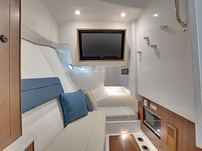 Cabin space with TV and microwave on Pursuit Boat D 365 Luxury Dual Console boat.
