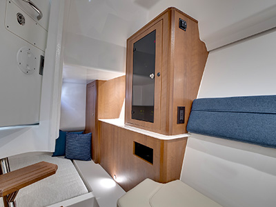 Cabin storage on Pursuit Luxury Dual Console 365.  One of our cabin cruiser fishing boats.