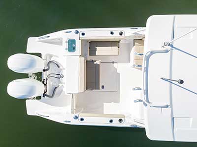 Aerial top view of cockpit social zone of Pursuit DC 266 dual console boat.