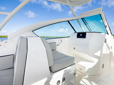 Bridge seating in Pursuit DC 266 luxury dual console boat.