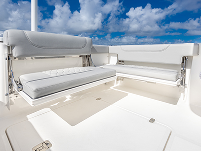 Folding transom seating of Pursuit DC 266 luxury dual console boat.
