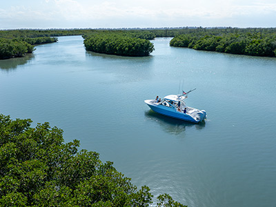 Aerial view of family fun on the Pursuit DC 286 Dual Console boat.