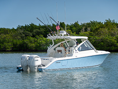 Pursuit Boats 28’ Dual Console Boat idling.