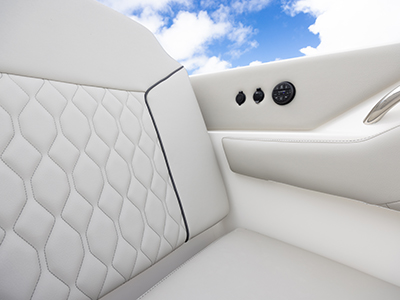 Pursuit DC 365 luxury dual console boat forward seating.