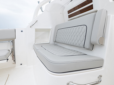 Pursuit DC 365 luxury dual console boat cockpit seating.
