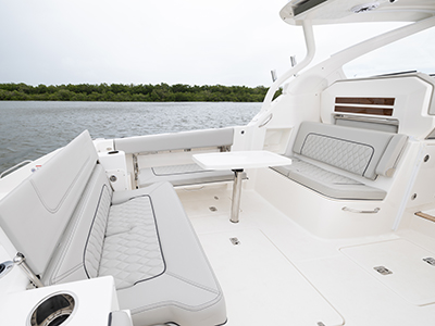 Pursuit DC 365 luxury dual console boat cockpit seating.