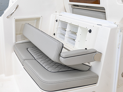 Pursuit DC 365 luxury dual console boat cockpit tackle center.  One of our cabin cruiser fishing boats.