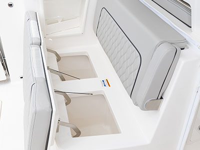 Pursuit DC 365 luxury dual console boat cockpit seating storage.