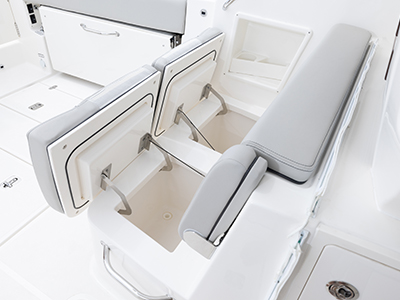 Pursuit DC 365 luxury dual console boat cockpit seating storage.